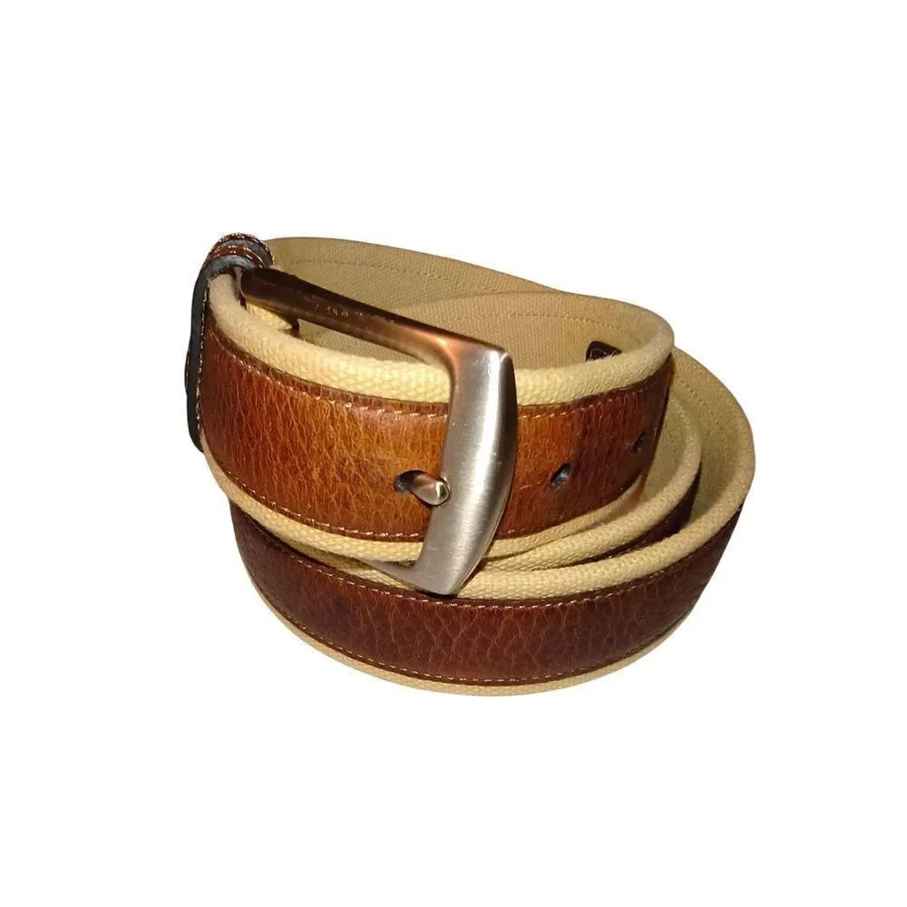 Nautica leather canvas webbing belt J-class sailboat logo brown pebbled leather